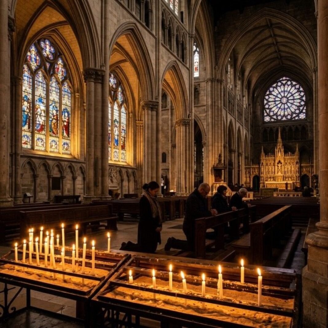 Obispos de Chile Convocan a Oración por la Paz Mundial Catedral con velas encendidas