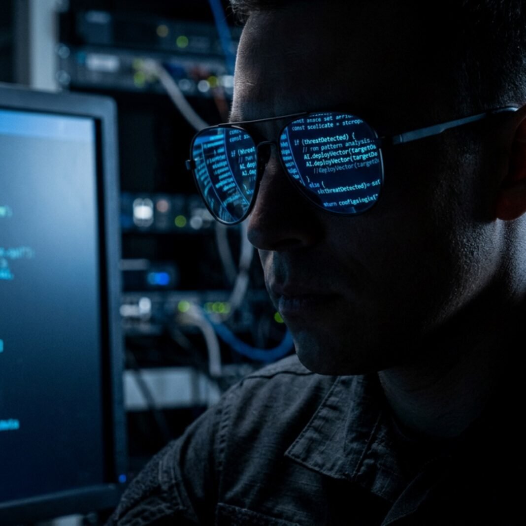 Codigo IA reflejado en gafas militares