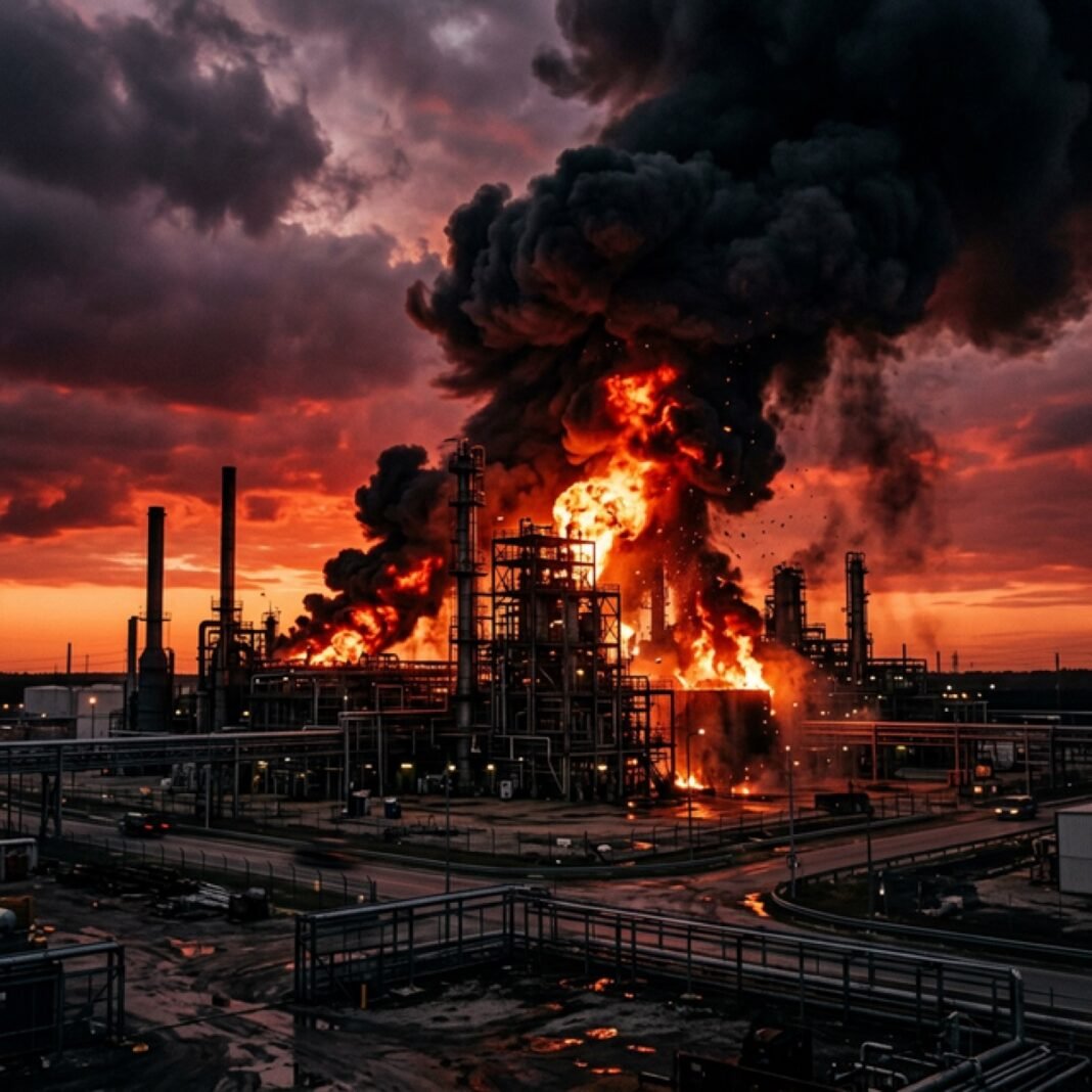 Refineria de petroleo en llamas