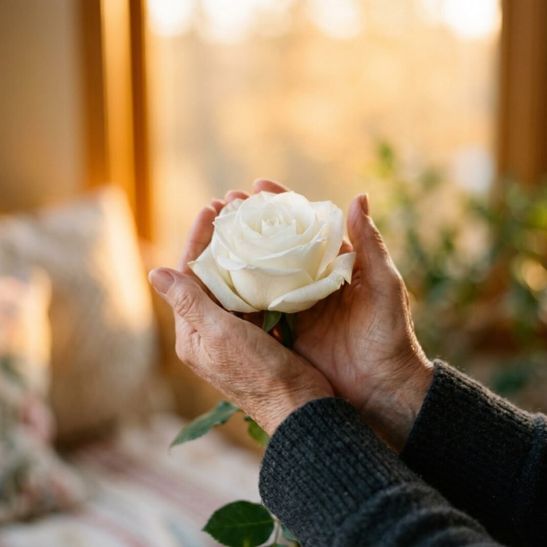 Manos sosteniendo rosa blanca